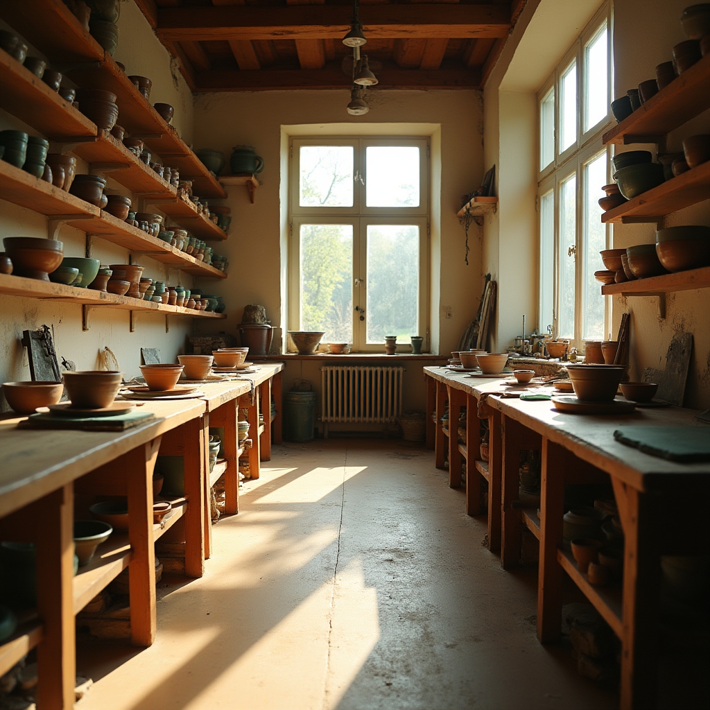 Blick in die Töpferwerkstatt mit Drehscheiben und Regalen voller Tonstücke