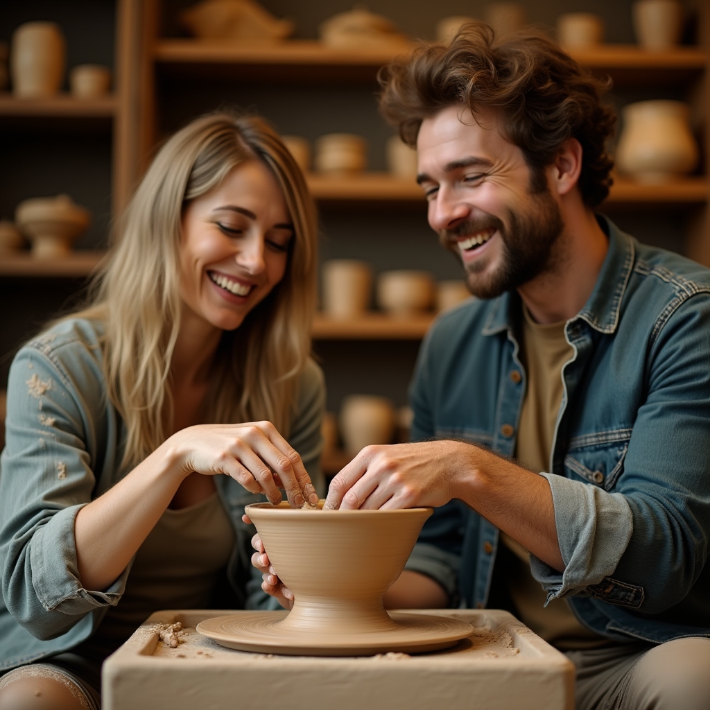 Zwei Erwachsene arbeiten gemeinsam an einem Werktisch mit Ton und lachen dabei